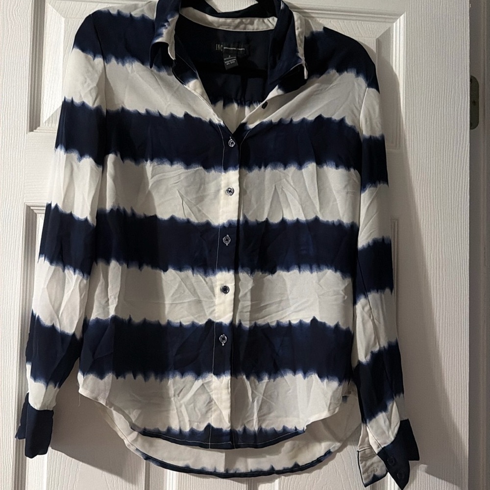 INC size 2 dressy button up work blouse, blue and white stripe